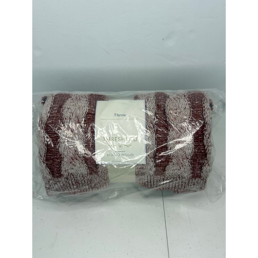 NWT Threshold Studio McGee 50x60 Burgundy Cream Twisted Cable Knit Throw Blanket